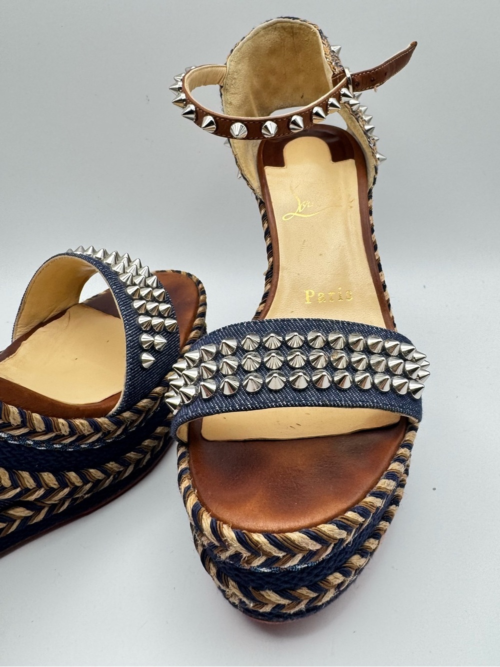 Christian Louboutin Madmonica 120 Denim Studded Wedge Sandals EU 36 - Picture 5 of 10